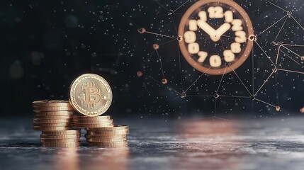 Stacking golden coins next to a digital clock, representing consistent DCA savings over time, futuristic vibe