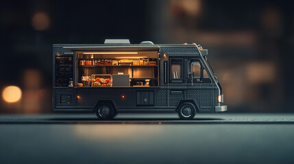 A detailed miniature food truck model featuring lights and kitchen setup during evening hours