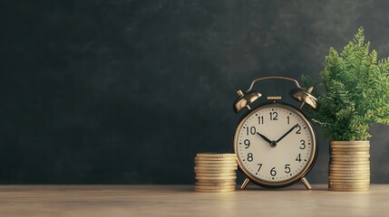 Stacking golden coins next to a digital clock, representing consistent DCA savings over time, futuristic vibe