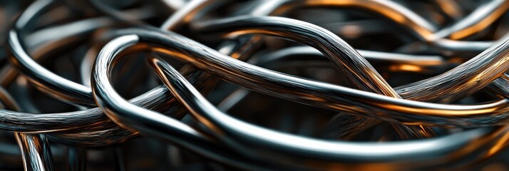 3D abstract render of interconnected metallic wires forming organic shapes
