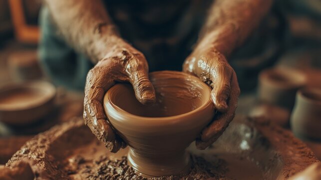 Potter making from clay with human hands