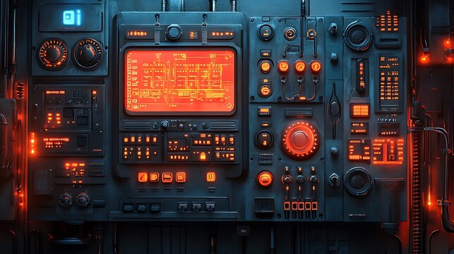 A futuristic control panel with glowing red lights and buttons, a screen displaying data, and a large knob in the center.