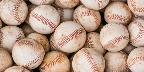 A background of lots of dirty baseballs. Sports banner with full coverage of baseballs used at games