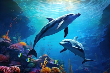 Fototapeta premium Dolphins swimming together dolphin aquarium outdoors.