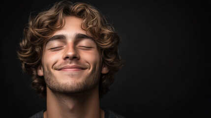 Obraz premium Young man with closed eyes smiles happily 