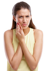 Studio, portrait and woman with pain for toothache, dental decay and inflammation for infection....