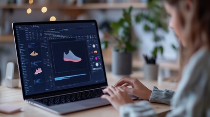 A designer working on a digital sneaker prototype on a laptop in a bright workspace filled with plants and creative tools