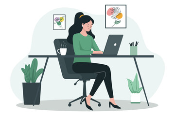 A woman working on a laptop at a modern desk with coffee and framed art, surrounded by plants. Vector Art & Illustration