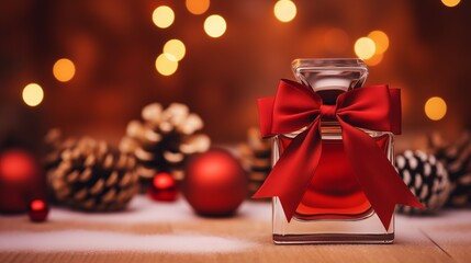 Obraz premium Elegant perfume bottle with red bow and festive holiday decor