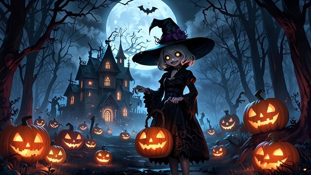 halloween background with dark whitch