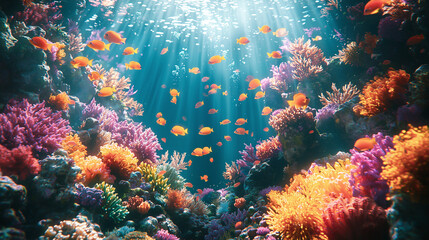 Obraz premium Vibrant and colorful underwater coral reef, teeming with tropical fish and marine life, illuminated by sunlight filtering through the water. A glimpse into the ocean’s beauty.