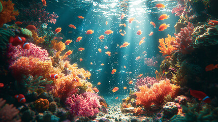 Vibrant and colorful underwater coral reef, teeming with tropical fish and marine life, illuminated by sunlight filtering through the water. A glimpse into the ocean’s beauty.