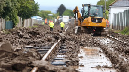 Landslide blocking a train track, with rocks and mud piled up over the rails. Workers using machinery to clear the way. --chaos