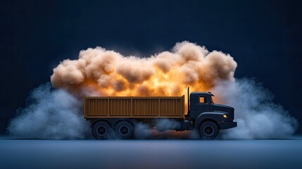 Naklejka premium A military truck transports cargo across a desert terrain while multiple anti-aircraft missiles explode in the air, creating chaos against a clear blue sky