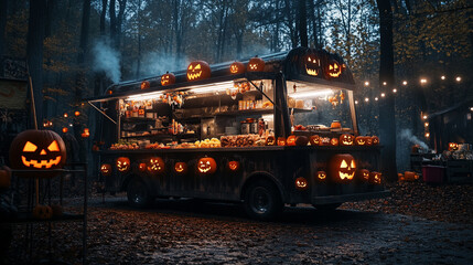 Spooky food truck decorated with carved pumpkins in a forest during Halloween night