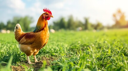Fototapeta premium A vibrant chicken standing proudly in a lush green field, basking in the warm sunlight, surrounded by nature's beauty.