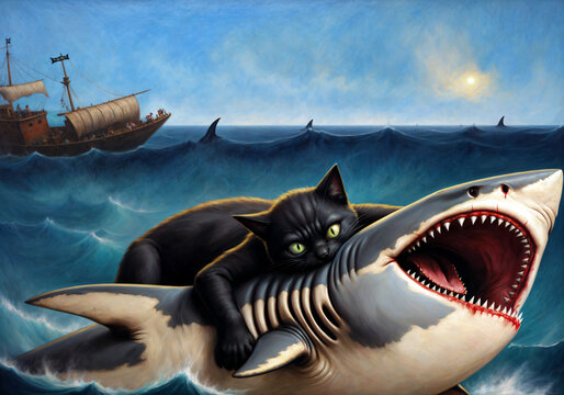 Angry black pirate cat attacks great white shark by biting its neck. Funny illustration of predators in their natural environment. Creative artistic painting