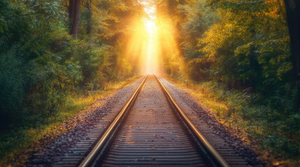 Obraz premium Long railway track stretching into the horizon, surrounded by lush greenery on both sides, with the morning sun casting warm light on the rails --chaos