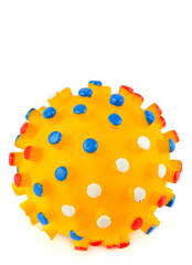 Dog toy ball isolated on white. Free space for text. Vertical photo.