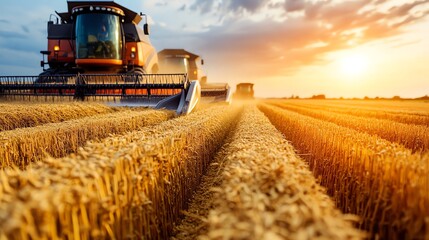 Fototapeta premium Golden wheat fields at sunset, showcasing harvesting equipment in action, exemplifying agricultural beauty and productivity.