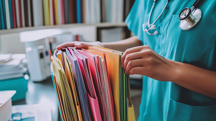 Healthcare worker organizing patient files into color-coded folders for streamlined access to medical records.