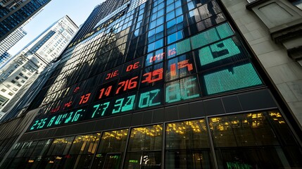 A digital stock market ticker scrolling across a building facade, showing changing prices and indexes
