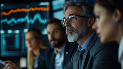 A group of financial professionals discussing stock performance and market trends during a meeting