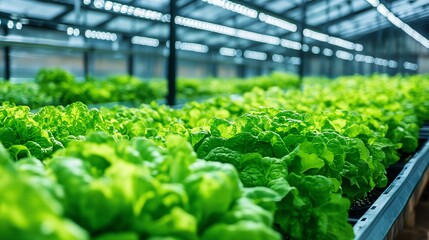 Vibrant green lettuce growing in a modern greenhouse, showcasing the beauty of sustainable agriculture and hydroponic farming techniques.