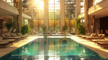 Luxurious indoor swimming pool with modern furnishings and ample natural light from tall glass panels