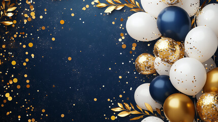 Fototapeta premium Festive navy, gold, and white balloons with confetti and leaves in the background.