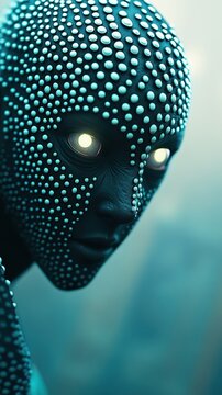 Futuristic humanoid with glowing eyes and metallic skin in a misty environment, AI