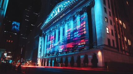 An outdoor shot of a stock exchange building with financial symbols and data projected on the exterior
