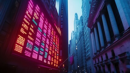 An outdoor shot of stock market ticker boards displaying fluctuating prices in front of an exchange building