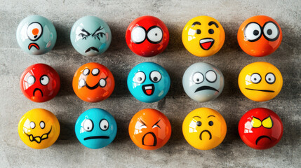Mixed emotions balls with bright colors, showing different facial expressions like joy, surprise, and confusion, on a neutral background --chaos
