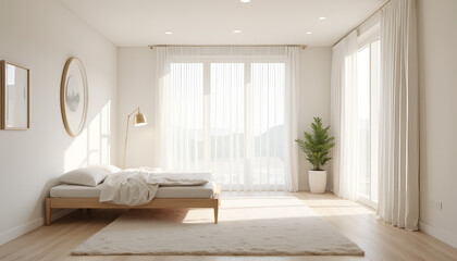 Fototapeta premium Bright and airy bedroom with a wooden bed, large windows, and minimalistic decor