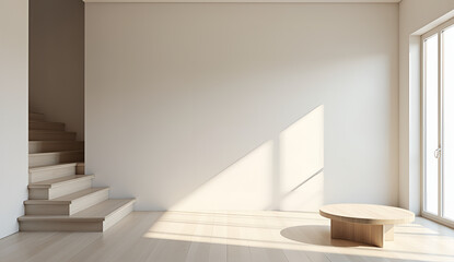 Fototapeta premium Minimalist interior with a round wooden coffee table and natural light streaming through large windows