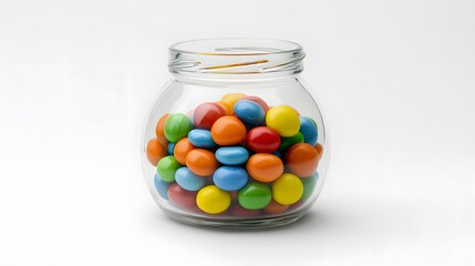 A clear glass jar filled with assorted colorful candies, placed on a white background, emphasizing the vibrant hues and playful nature of the treats inside.