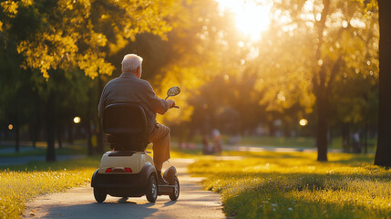 Elderly man enjoying a sunny park day on a mobility scooter.