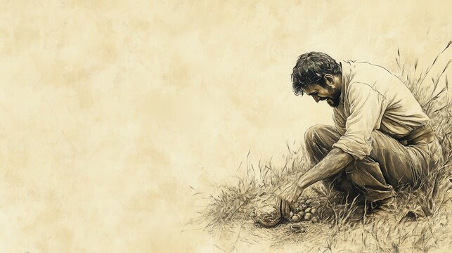 A man discovers a hidden treasure in a field and joyfully buries it again his face filled with excitement in a biblical parable from the book of Matthew