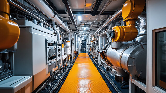 Cruise ship engine room interior with watertight doors.