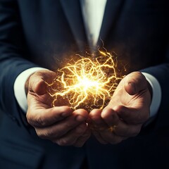 Inexhaustible energy, a person holding a Yellow light or illumination, energy in the hands of a person. Created using AI technology