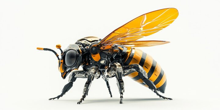 A small, cute robotic insect modeled after a bee, with bright metallic wings, yellow-black stripes, and tiny mechanical legs.