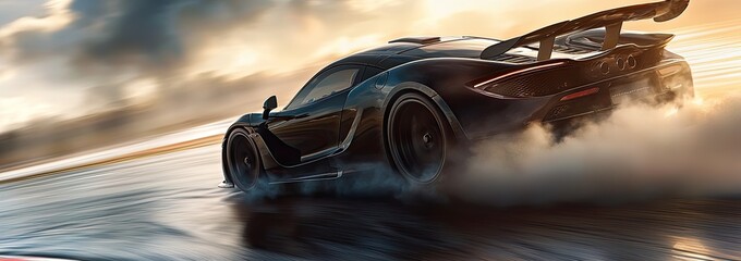 car performing drifts with smoke billowing from the wheels, motion blur, a sports car, high speed