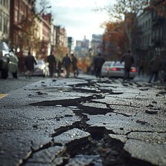Obraz premium This impactful image showcases a residential area severely affected by an earthquake, featuring damaged homes, downed utility poles, and emergency responders assisting residents in distress.