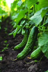 Obraz premium Green cucumber grows on the bed in the greenhouse, selective focus, Generative AI,