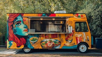 Obraz premium Colorful food truck serving vibrant dishes in a sunny park setting