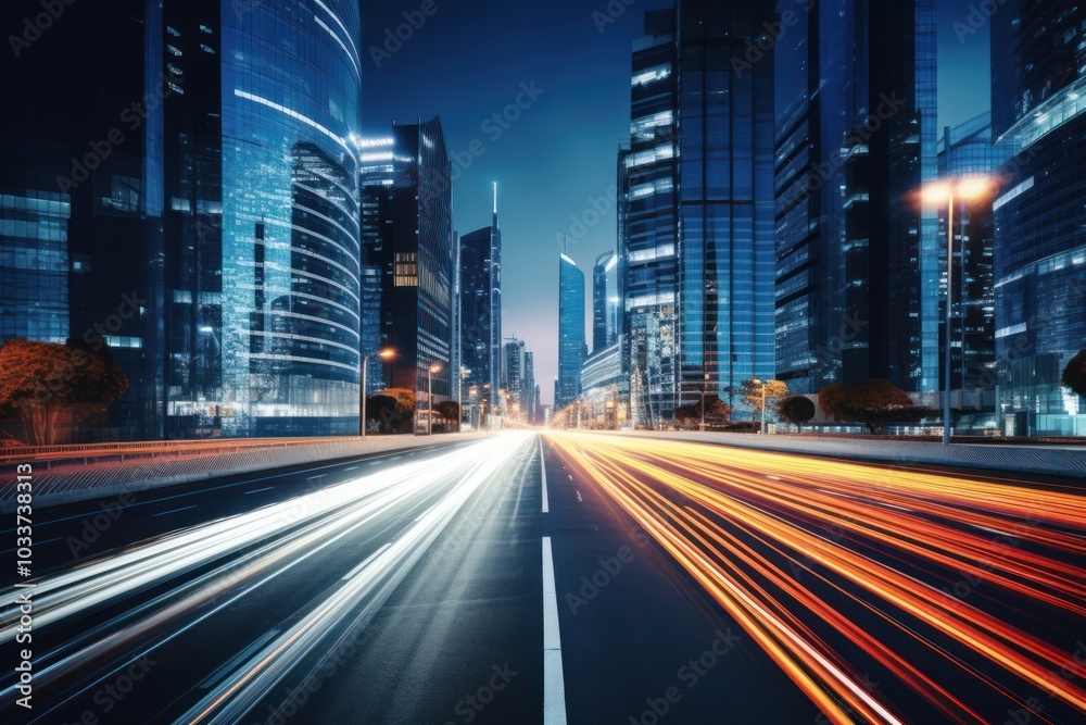 Poster Road in city with skyscrapers and car infrastructure architecture metropolis.