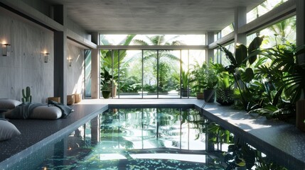Modern indoor pool featuring sleek lines and large windows, The space is illuminated by natural light