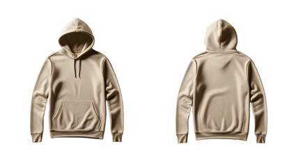 Beige hoodie template. Classic sweatshirt with clipping path, branding design mockup isolated on white transparent png background, cutout. Back and front view.