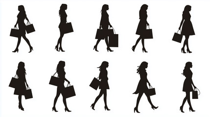 Fototapeta premium 買い物帰りの女性のアイコン集 ショップバッグ 白黒 シルエット スカート ショッピング